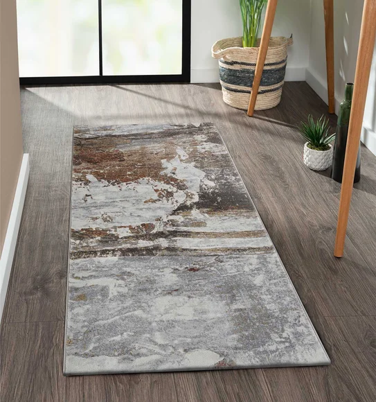 Aquarius Abstract Machine Made Runner Grey and Rust