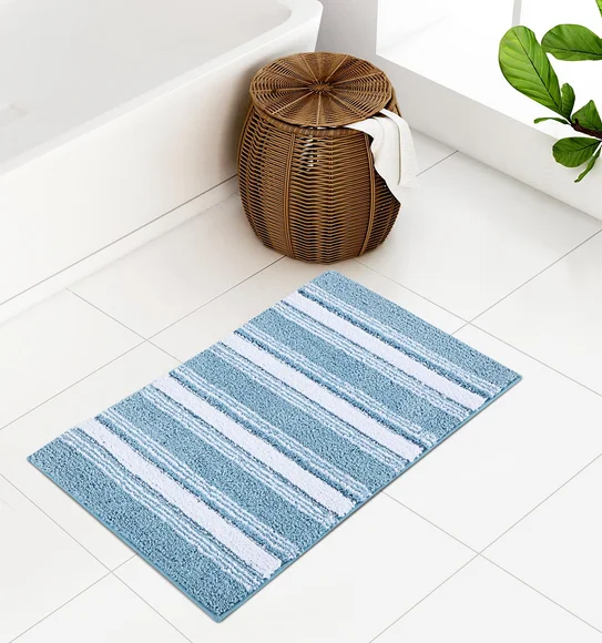Hermosa Quick Dry Anti skid Bath Mat Aqua and White