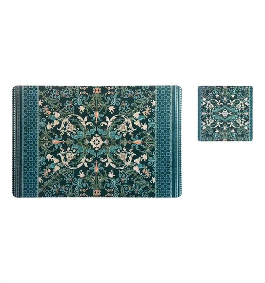 Bloom Printed Table Mat Teal and Grey