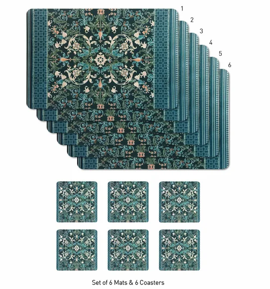 Bloom Printed Table Mat Teal and Grey