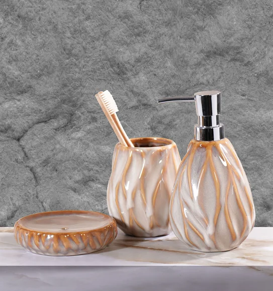 Earth 3Pcs Bathroom Set Ceramic Bath Set Brown and Beige