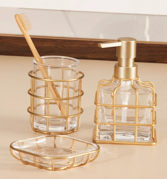 Prism 3 Pcs Bathroom Set Glass Bath Set Gold