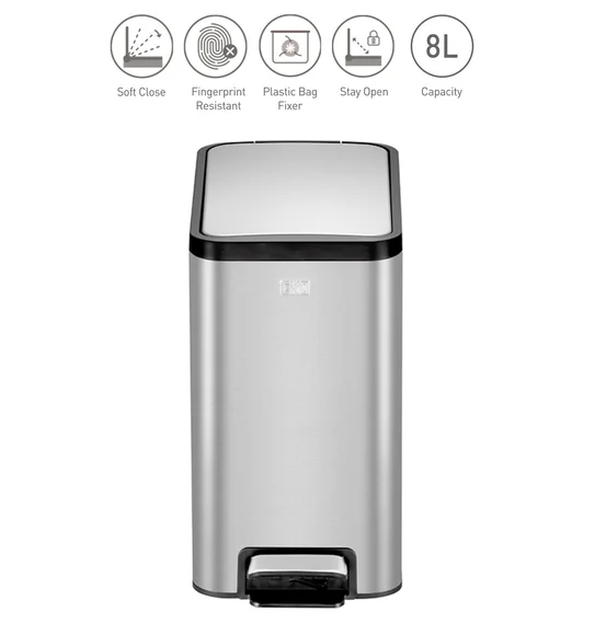 Eko 9376 Eco Slim Stainless Steel Fingerprint Resistant Step Bin Metallic