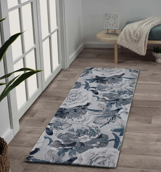 Alan Polypropylene Floral Runner Blue and L.Grey