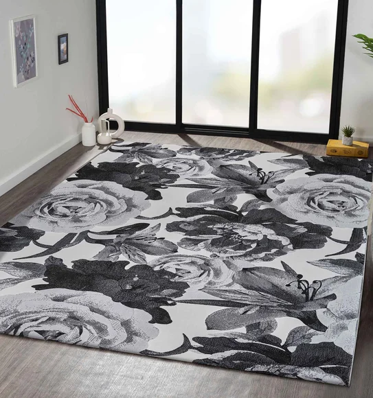 Alan Polypropylene Floral Carpet D.Grey and Cream