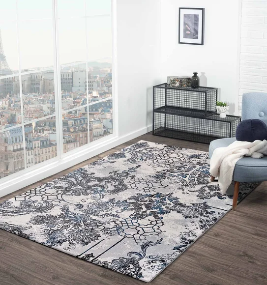 Alan Polypropylene Neo Classical Carpet Grey and Blue