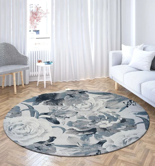 Alan Floral Round Shaped Carpet Blue and L.Grey
