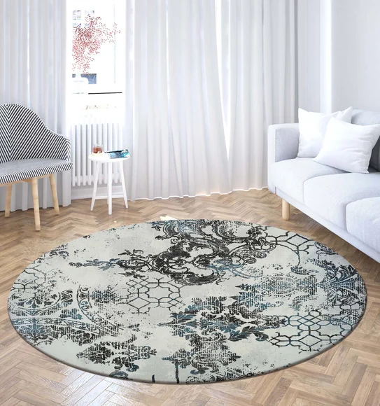 Alan Geometric Round Shaped Carpet Grey and Blue