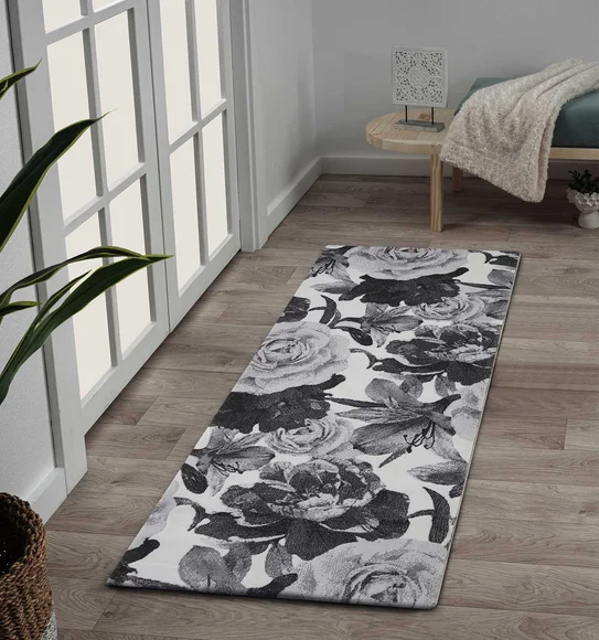 Alan Polypropylene Floral Runner D.Grey and Cream