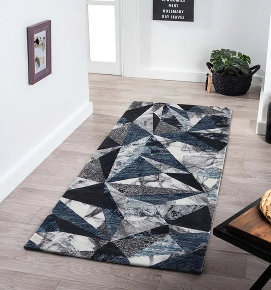 Alan Polypropylene Geometric Runner Blue and Cream