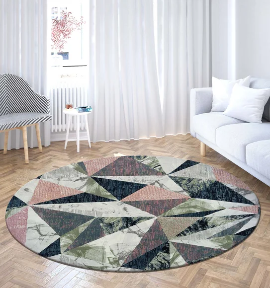 Alan Geometric Round Shaped Carpet Peach and Olive