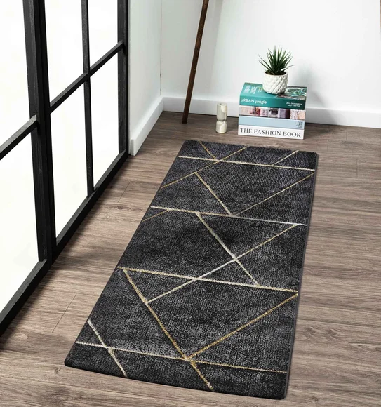 Diamond Geometric Bedside Runner Charcoal and Beige
