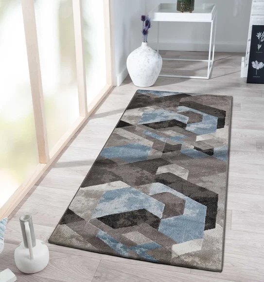 Flamme Polypropylene Geometric Runner Blue and Brown