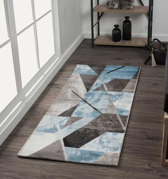 Flamme Abstract Machine Made Runner Blue and Brown