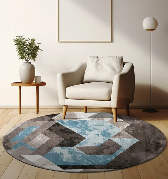 Flamme Textured Round Shaped Carpet Blue Brown
