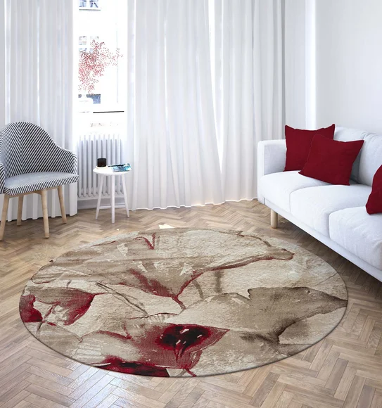 Flamme Floral Round Shaped Carpet L.Brown and Red