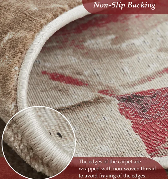 Flamme Floral Round Shaped Carpet L.Brown and Red