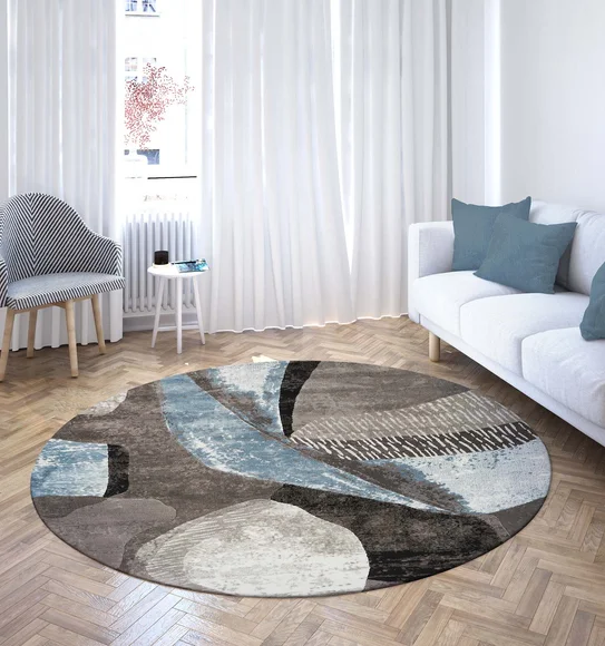 Flamme Abstract Round Shaped Carpet Blue and Taupe
