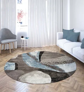 Flamme Abstract Round Shaped Carpet Blue and Taupe