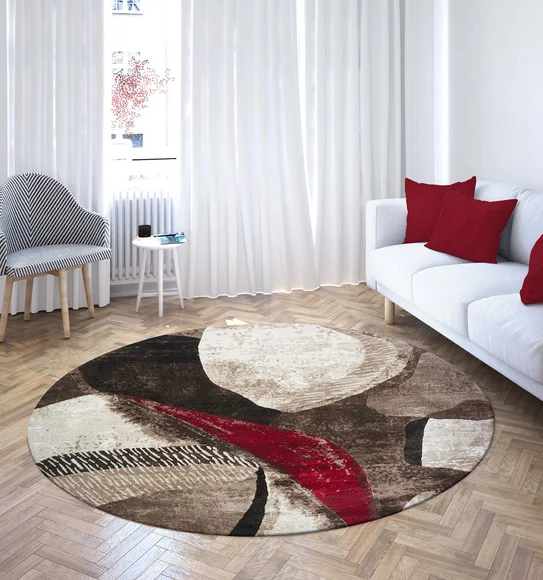 Flamme Abstract Round Shaped Carpet Brown and Red