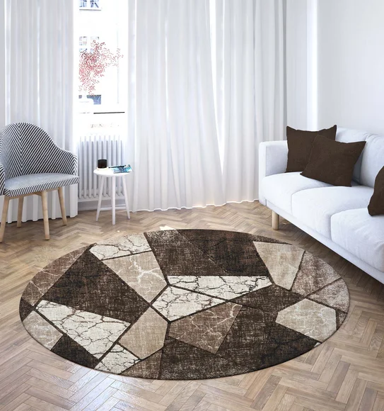 Flamme Ethnic Round Shaped Carpet Brown and Beige
