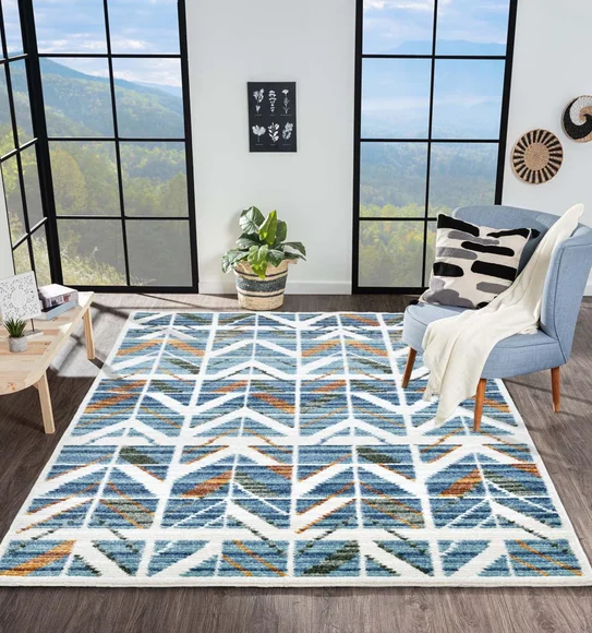 Nepal Abstract Machine Made Carpet Blue and Green