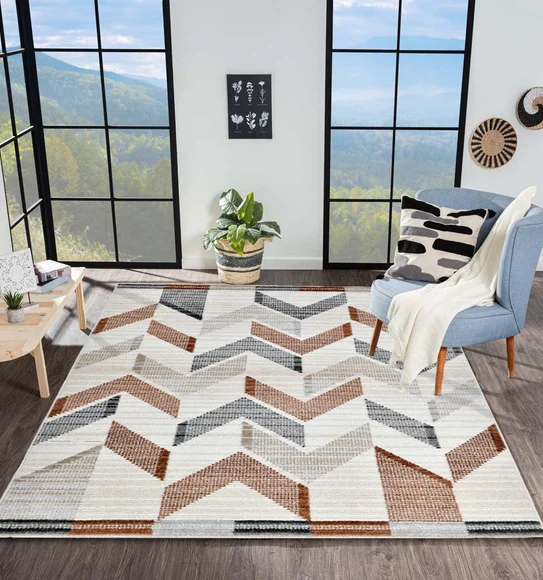 Nepal Abstract Machine Made Carpet Cream and Brown
