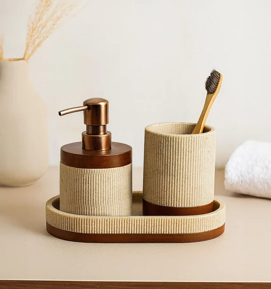 Myra 3 Pcs Polyresin Bath Set Beige & Brown