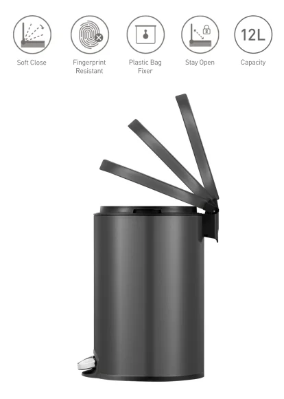  Artistic 12L Stainless Steel Pedal Bin with Removable Inner Bucket, Black Steel