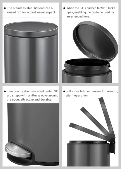 Artistic 12L Stainless Steel Pedal Bin with Removable Inner Bucket, Black Steel