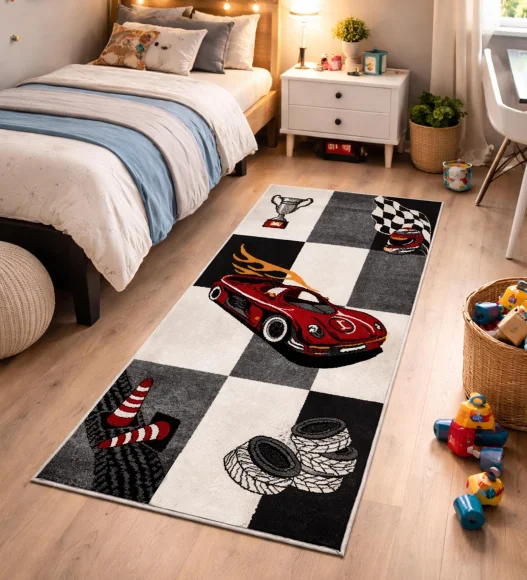 Polypropylene Kids Runner with Jute Backing | Black & Red | (W)60 x (L)150