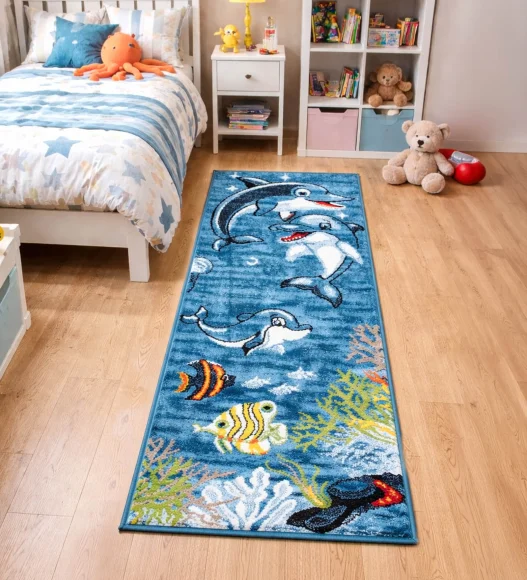 Polypropylene Kids Runner with Jute Backing | Blue | (W)60 x (L)150