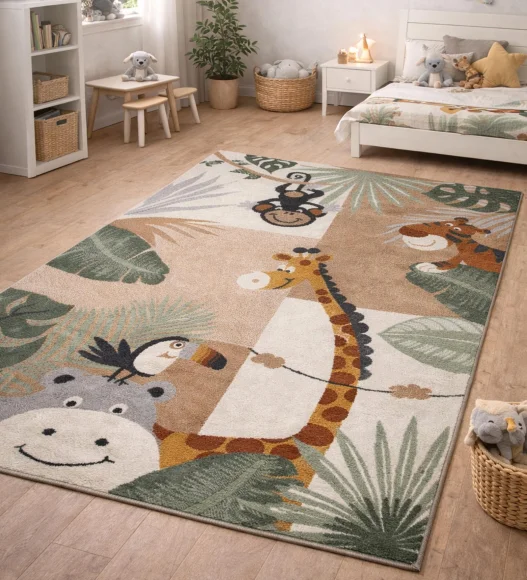 Polypropylene Kids Area Carpet with Jute Backing | Brown & Green | (W)120 x (L)170