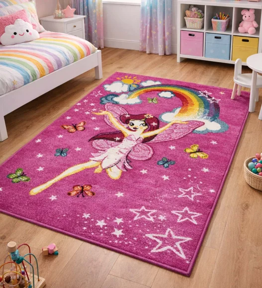 Polypropylene Kids Area Carpet with Jute Backing | Pink | (W)120 x (L)170