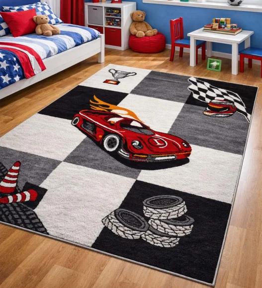 Polypropylene Kids Area Carpet with Jute Backing | Black & Red | (W)120 x (L)170