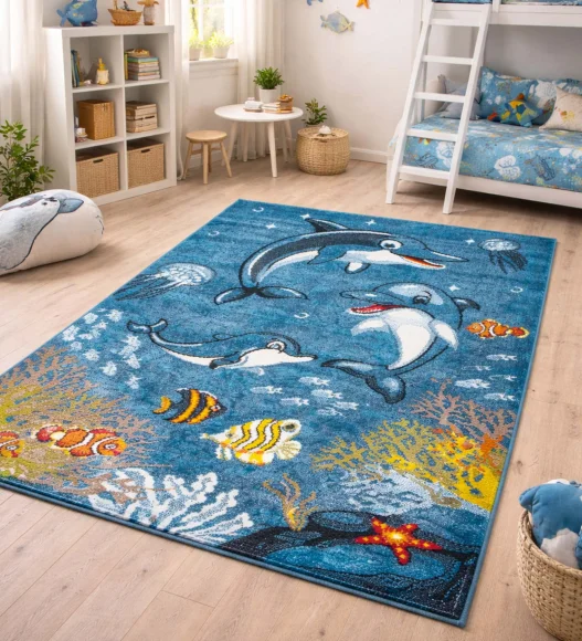 Polypropylene Kids Area Carpet with Jute Backing | Blue | (W)120 x (L)170