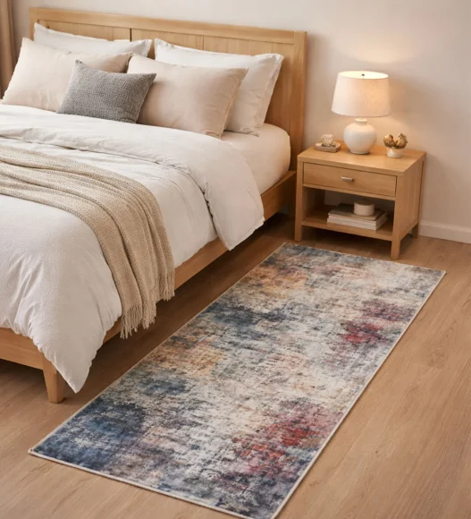  Polyester Bedside Runner with Abstract Pattern and Cotton Backing, 60x150 cm, Cream & Blue