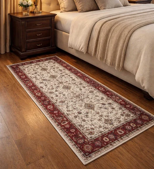  Polyester Bedside Runner with Classical Pattern and Cotton Backing, 80x150 cm, Cream & Maroon