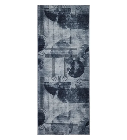  Polyester Bedside Runner with Abstract Pattern and Cotton Backing, 80x150 cm, Grey & Blue