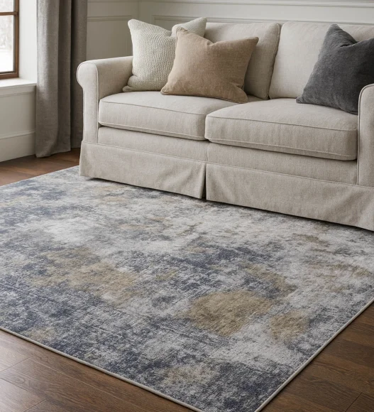 Polyester Carpet with Abstract Pattern and Cotton Backing, 160x230 cm, Blue & Cream