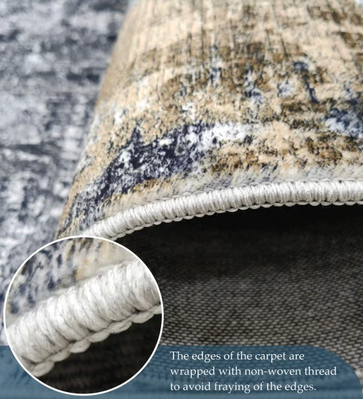  Polyester Carpet with Abstract Pattern and Cotton Backing, 160x230 cm, Blue & Cream