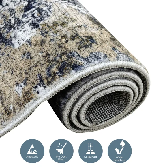  Polyester Carpet with Abstract Pattern and Cotton Backing, 160x230 cm, Blue & Cream