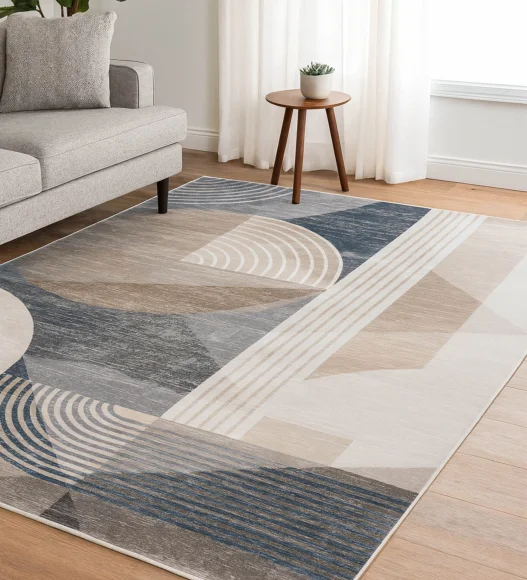  Polyester Carpet with Abstract Pattern and Cotton Backing, 160x230 cm, Beige & Blue