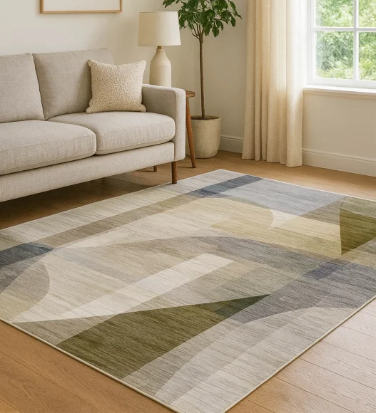  Polyester Carpet with Abstract Pattern and Cotton Backing, 160x230 cm, Olive & Blue