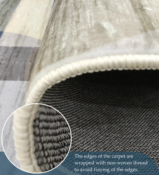  Polyester Carpet with Abstract Pattern and Cotton Backing, 160x230 cm, Olive & Blue