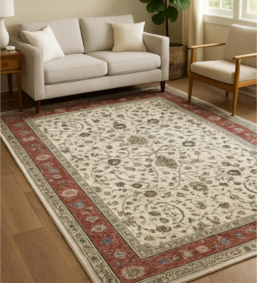  Polyester Carpet with Classical Pattern and Cotton Backing, 160x230 cm, Cream & Maroon