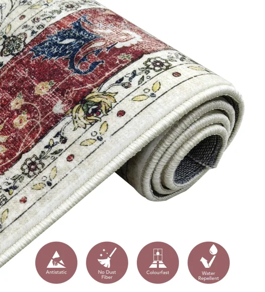  Polyester Carpet with Classical Pattern and Cotton Backing, 160x230 cm, Cream & Maroon