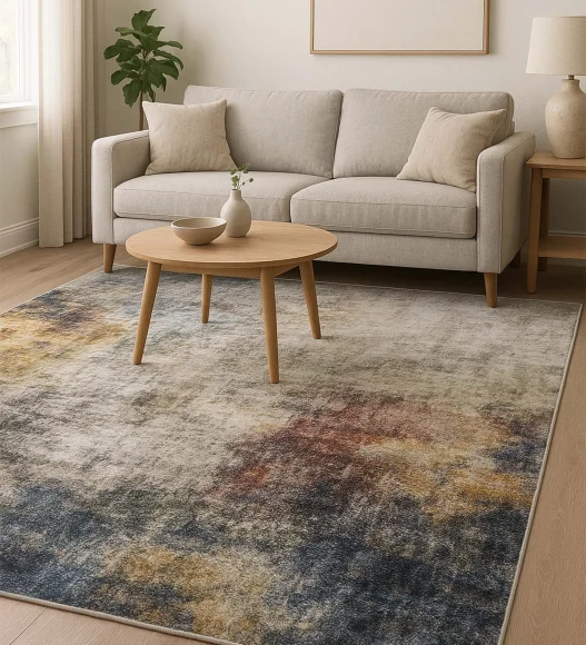  Polyester Carpet with Abstract Pattern and Cotton Backing, 160x230 cm, Cream & Blue