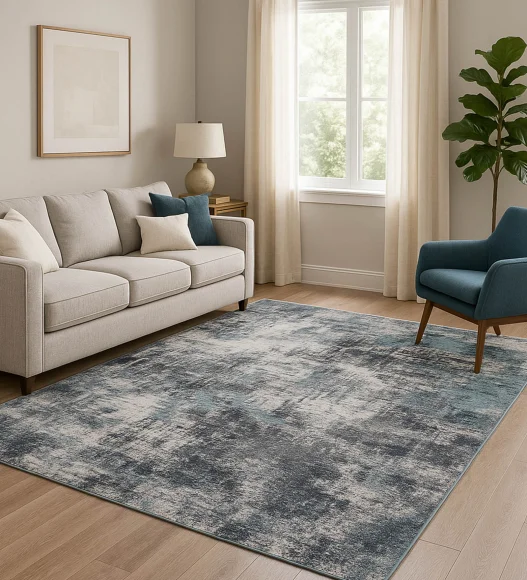  Polyester Carpet with Abstract Pattern and Cotton Backing, 200x290 cm, Blue & Cream