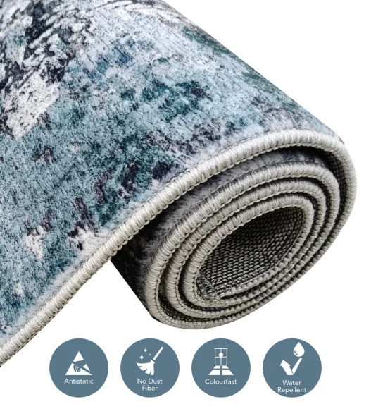  Polyester Carpet with Abstract Pattern and Cotton Backing, 200x290 cm, Blue & Cream